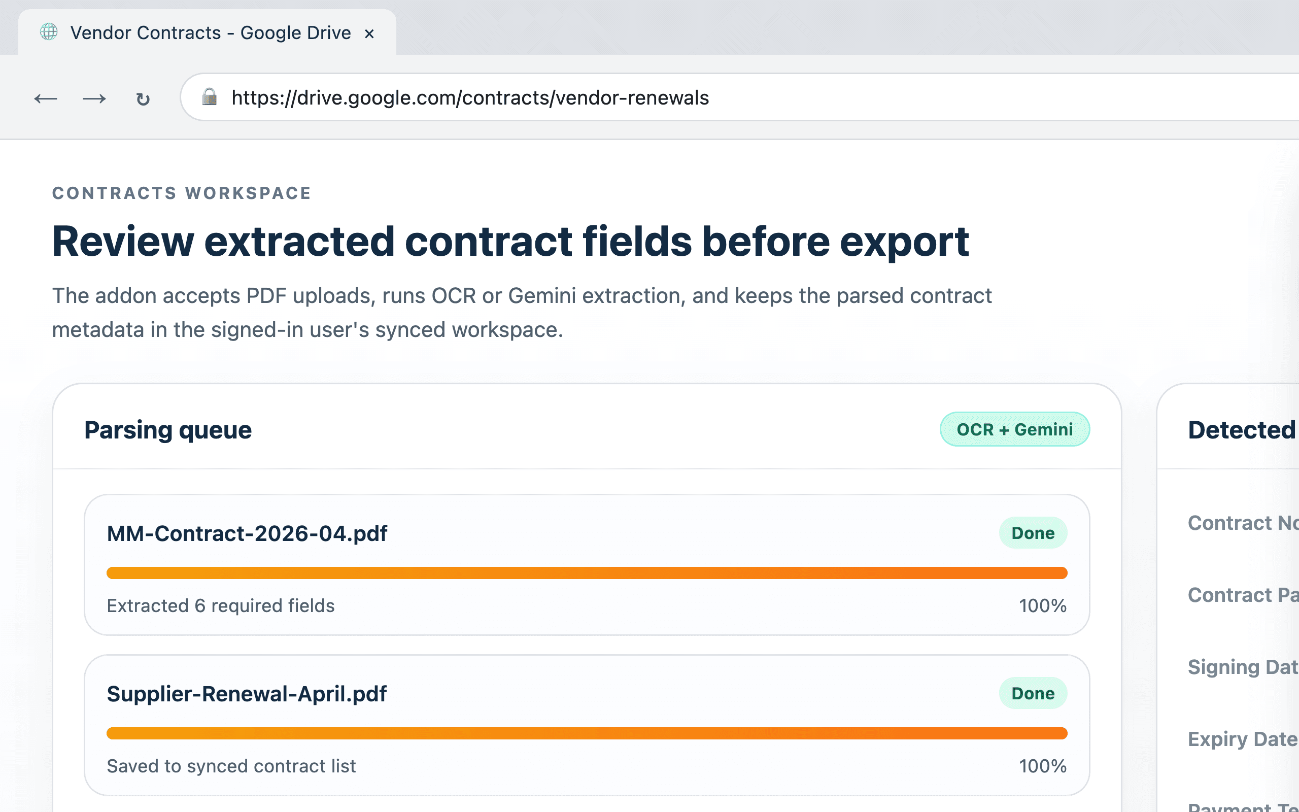 Autofill addon Contracts Parser panel showing PDF parsing progress and extracted contract fields.