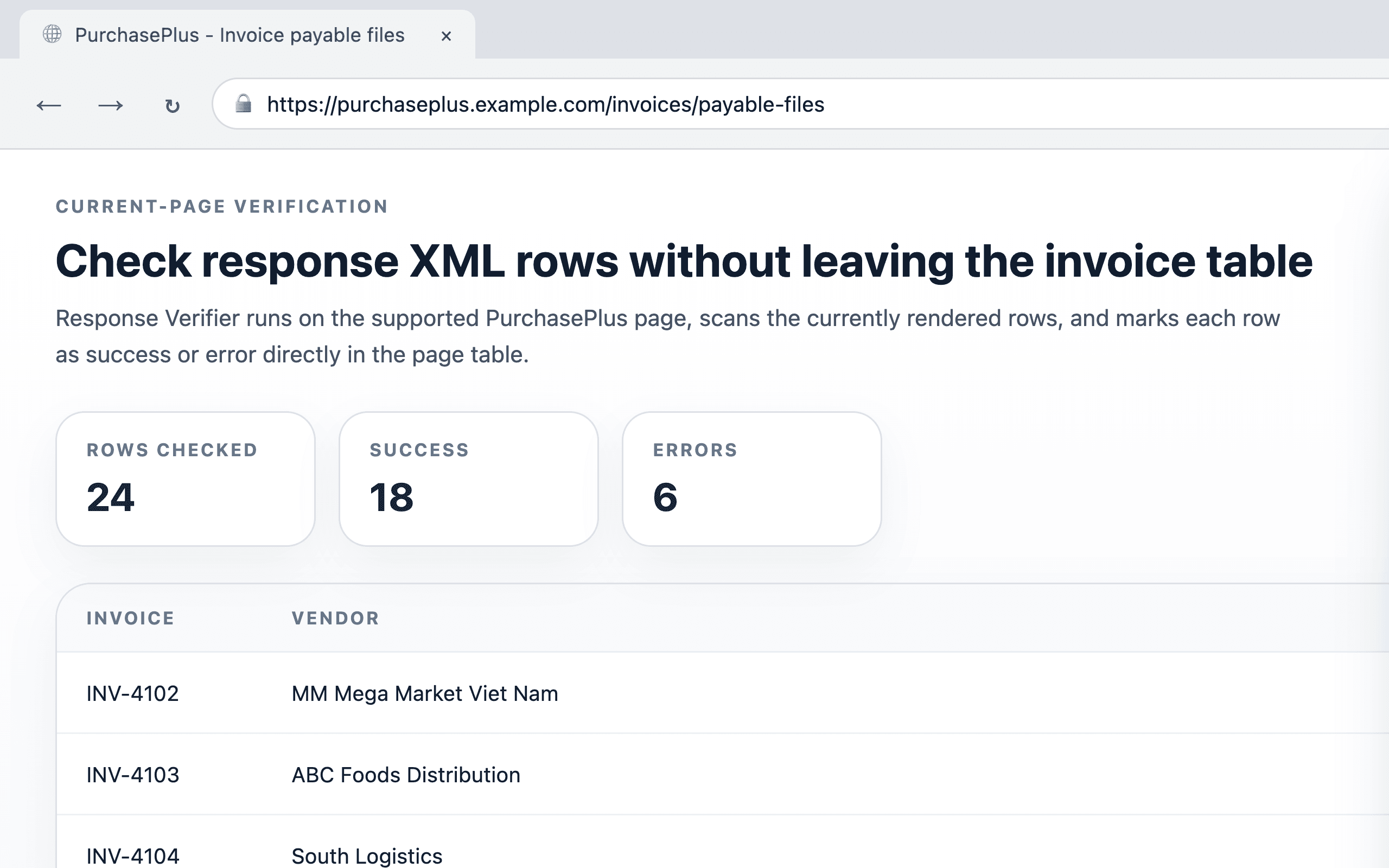 Autofill addon Response Verifier panel showing current-page invoice response verification results.